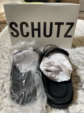SCHUTZ “Ava”Black Slide Sandals with Sparkle Embellished Strap